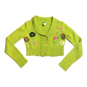 MisoMiso Y2K Vintage Cropped Cardigan Embroidered Beaded S Wool Blend Chartruese